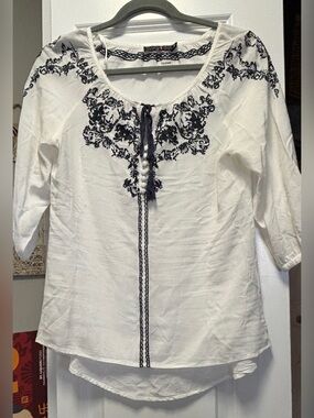 living doll White Peasant Top with Navy Embroidery